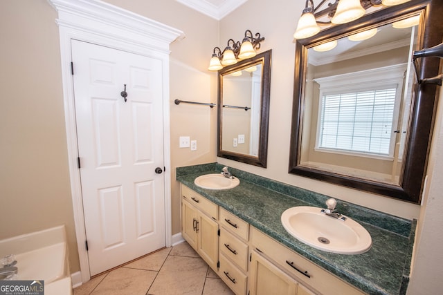 bathroom featuring vanity, tile patterned floors, and crown molding