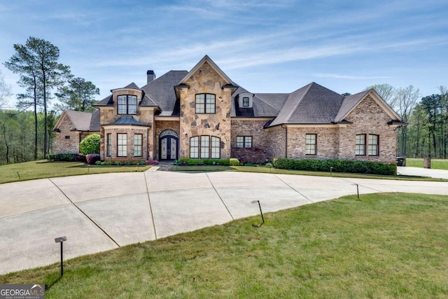 french provincial home with a front lawn and french doors