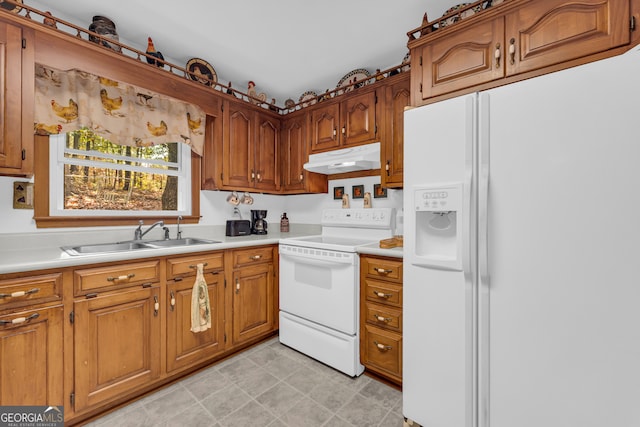 kitchen featuring electric stove, sink, and white refrigerator with ice dispenser