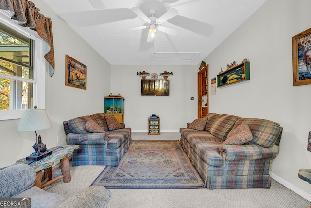 living room featuring ceiling fan and carpet floors