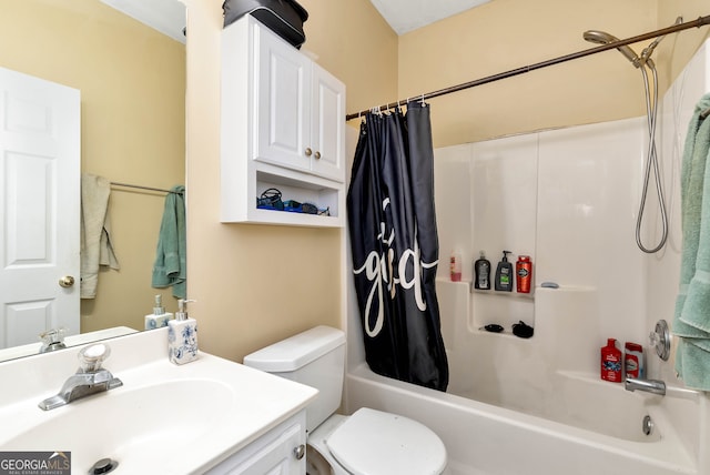 full bathroom with toilet, shower / tub combo, and vanity