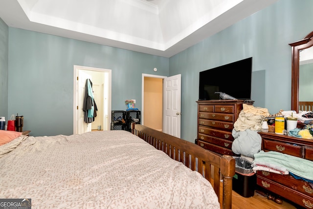 bedroom featuring hardwood / wood-style floors and a tray ceiling