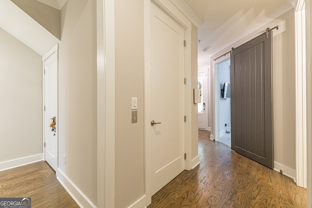 hallway with dark hardwood / wood-style flooring and a barn door