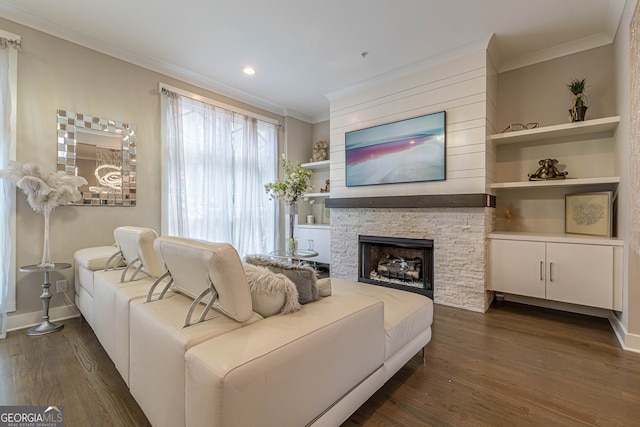 living room with crown molding, dark hardwood / wood-style floors, and a fireplace