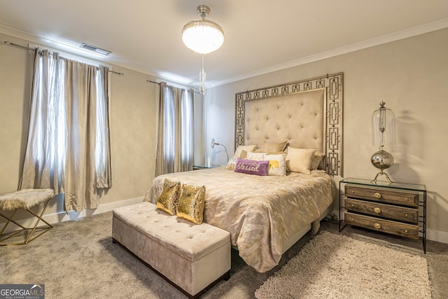 bedroom with carpet and ornamental molding