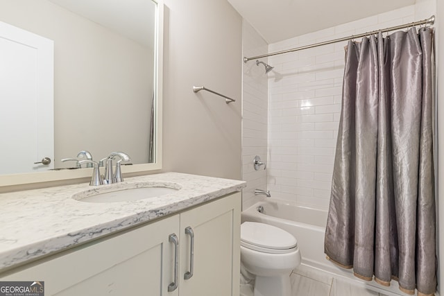 full bathroom with vanity, toilet, and shower / bath combination with curtain