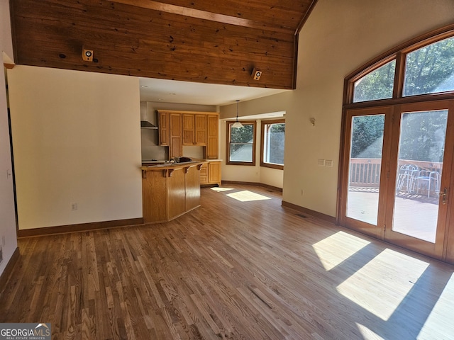 kitchen featuring pendant lighting, dark hardwood / wood-style floors, and wooden ceiling