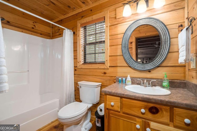 full bathroom with toilet, wood walls, wooden ceiling, vanity, and shower / bathtub combination with curtain