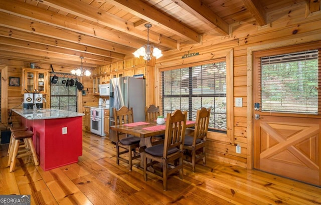 dining area featuring wood ceiling, wooden walls, a chandelier, beam ceiling, and light hardwood / wood-style flooring