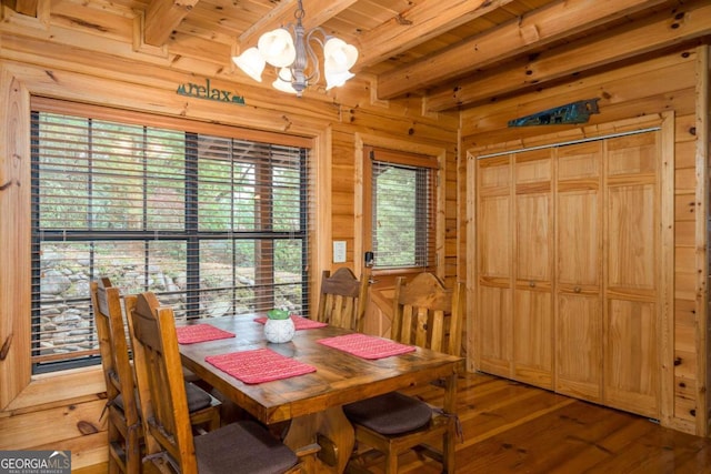 dining area featuring wood-type flooring, wood walls, a notable chandelier, wooden ceiling, and beamed ceiling