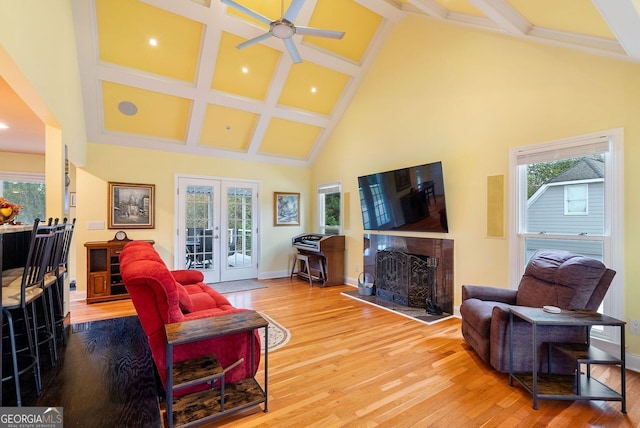 living room featuring hardwood / wood-style flooring, french doors, plenty of natural light, and high vaulted ceiling