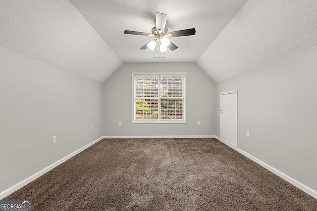 additional living space with carpet, a textured ceiling, and lofted ceiling