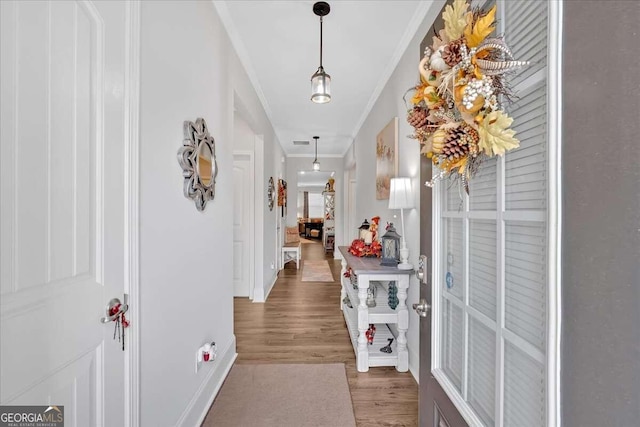 hall featuring dark hardwood / wood-style flooring and ornamental molding