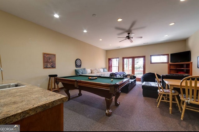 rec room featuring carpet floors, sink, ceiling fan, and billiards