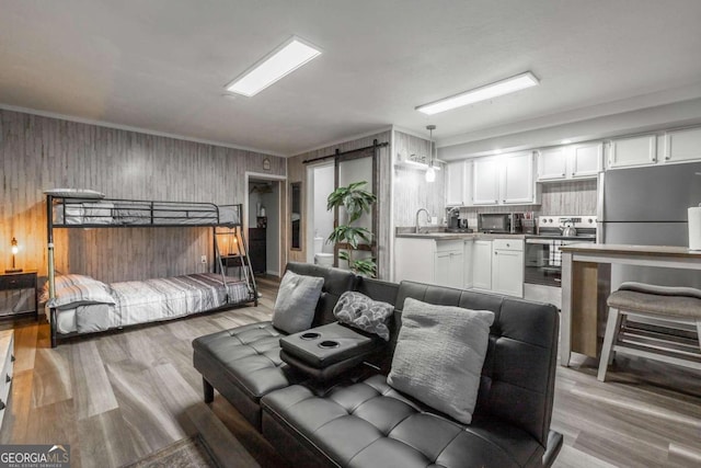 living room with a barn door, light hardwood / wood-style floors, wooden walls, and sink