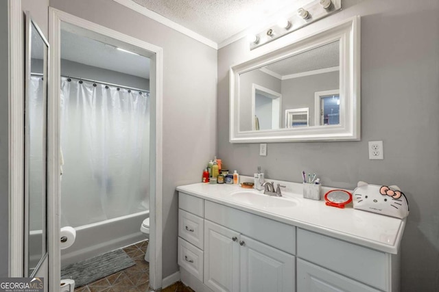 full bathroom featuring toilet, a textured ceiling, vanity, crown molding, and shower / tub combo with curtain