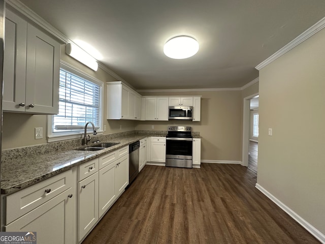 kitchen featuring white cabinets, dark hardwood / wood-style floors, sink, and appliances with stainless steel finishes