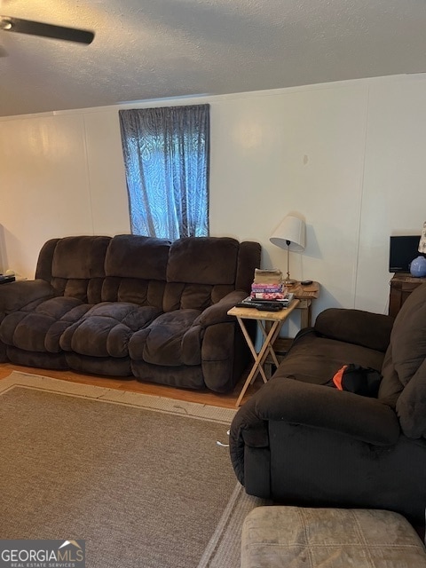 carpeted living room featuring ceiling fan and a textured ceiling