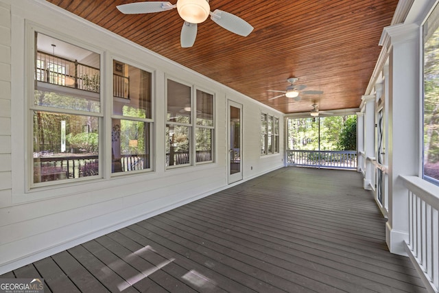 unfurnished sunroom featuring wooden ceiling and plenty of natural light