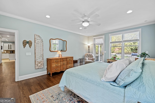 bedroom featuring crown molding, ceiling fan, and dark hardwood / wood-style floors