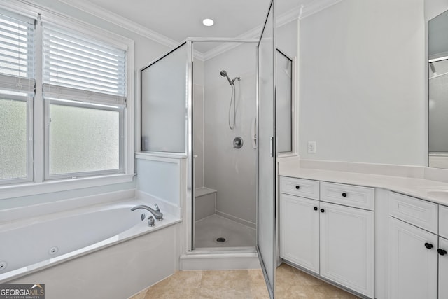 bathroom with vanity, plenty of natural light, plus walk in shower, and crown molding