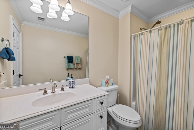 full bathroom featuring shower / bath combo with shower curtain, vanity, toilet, and ornamental molding