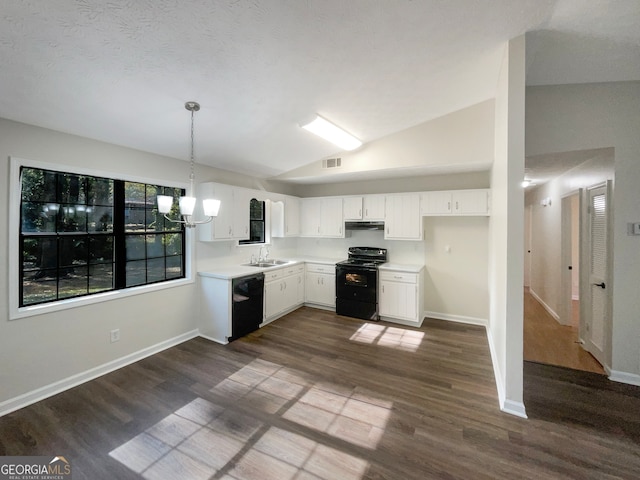 kitchen with black appliances, dark hardwood / wood-style floors, lofted ceiling, white cabinets, and pendant lighting