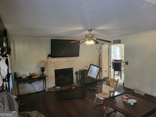 living room with crown molding, hardwood / wood-style floors, and ceiling fan