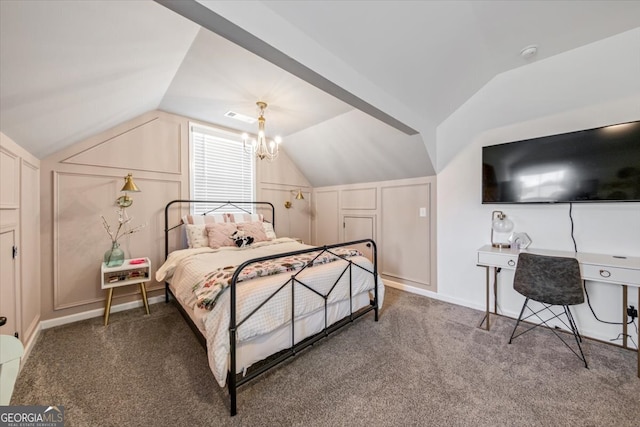 carpeted bedroom with a notable chandelier and vaulted ceiling