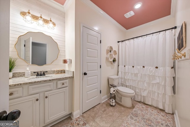 bathroom featuring toilet, tile patterned flooring, a shower with curtain, ornamental molding, and vanity