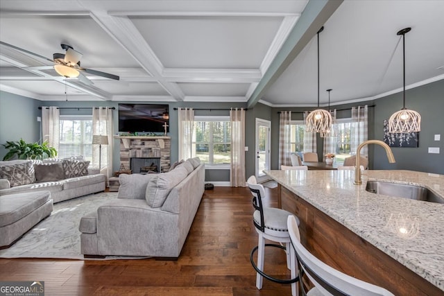 living room with a stone fireplace, a wealth of natural light, dark hardwood / wood-style floors, and coffered ceiling