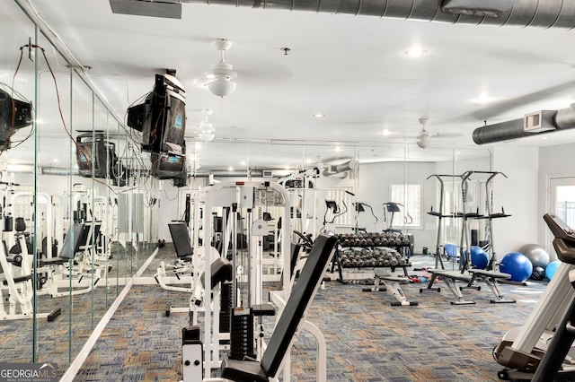 workout area with carpet, ceiling fan, and plenty of natural light