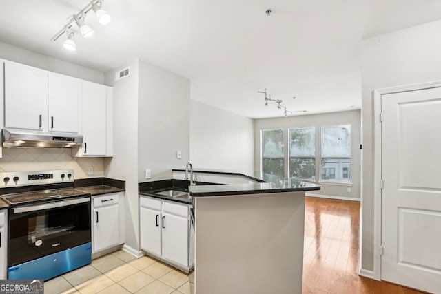 kitchen with white cabinetry, stainless steel electric range oven, light hardwood / wood-style flooring, and sink