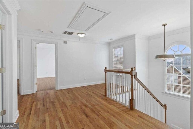 corridor featuring hardwood / wood-style floors and crown molding