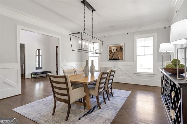 885 Crabapple Hl, Milton, GA 30004 - dining space with a notable chandelier, ornamental molding, dark hardwood / wood-style floors, and a healthy amount of sunlight