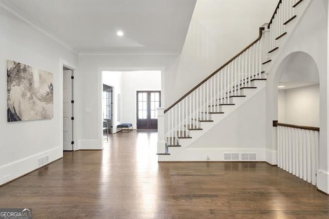885 Crabapple Hl, Milton, GA 30004 - entryway featuring a high ceiling, ornamental molding, and dark hardwood / wood-style floors