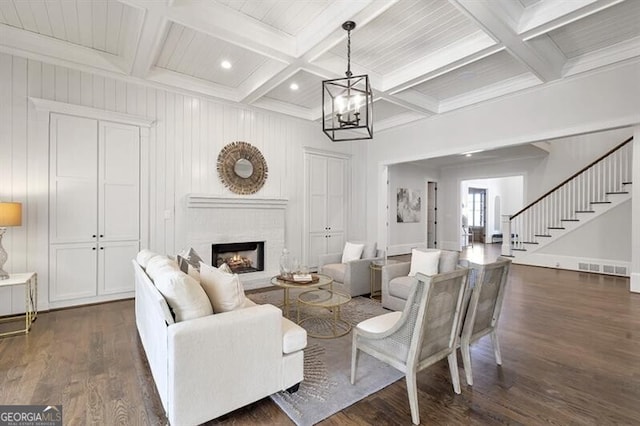 885 Crabapple Hl, Milton, GA 30004 - living room featuring dark hardwood / wood-style flooring, coffered ceiling, and beamed ceiling