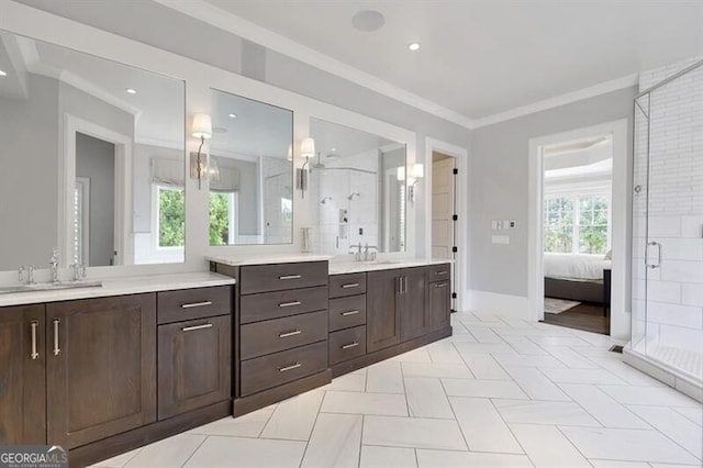 885 Crabapple Hl, Milton, GA 30004 - bathroom featuring vanity, a shower with shower door, and ornamental molding