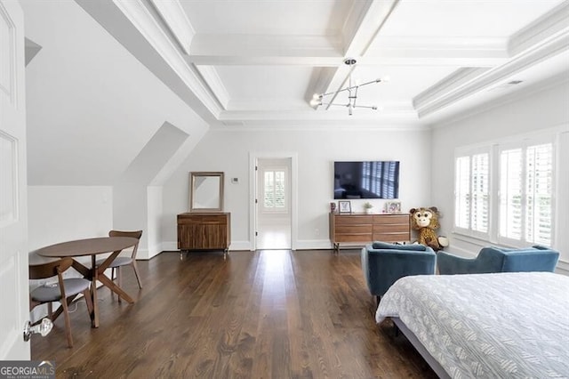 885 Crabapple Hl, Milton, GA 30004 - bedroom featuring crown molding, dark wood-type flooring, beam ceiling, coffered ceiling, and a notable chandelier