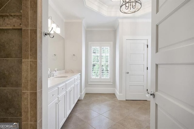 885 Crabapple Hl, Milton, GA 30004 - bathroom featuring crown molding, tile patterned floors, vanity, and a tray ceiling