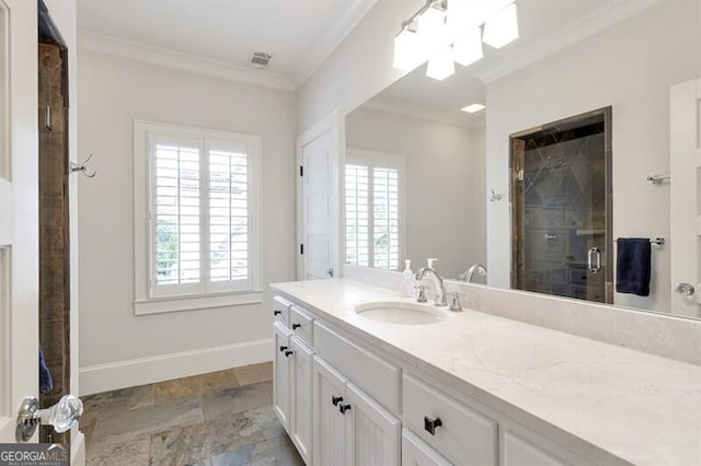 885 Crabapple Hl, Milton, GA 30004 - bathroom with a shower with door, crown molding, and vanity
