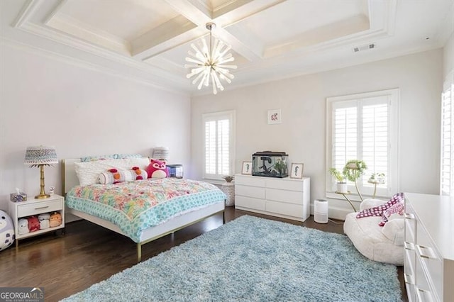 885 Crabapple Hl, Milton, GA 30004 - bedroom featuring a chandelier, ornamental molding, coffered ceiling, dark wood-type flooring, and beam ceiling