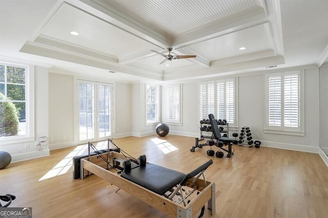 885 Crabapple Hl, Milton, GA 30004 - exercise room with coffered ceiling, ornamental molding, light hardwood / wood-style floors, and ceiling fan