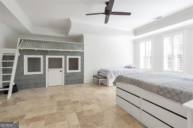 885 Crabapple Hl, Milton, GA 30004 - bedroom with ceiling fan, ornamental molding, and a raised ceiling