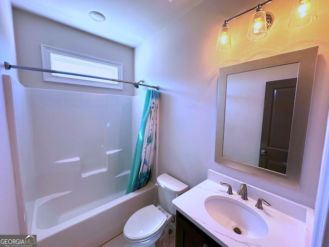 full bathroom with shower / bath combination with curtain, vanity, and toilet