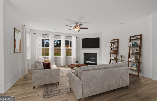 living room featuring ceiling fan and wood-type flooring