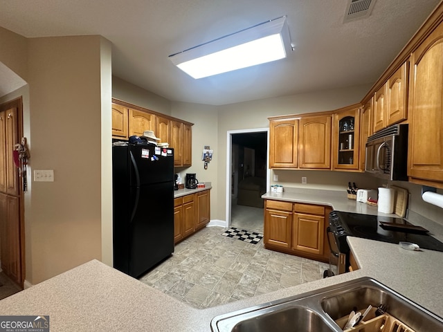 kitchen with black fridge, electric range oven, and sink