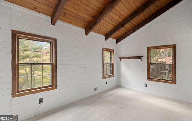 carpeted empty room featuring lofted ceiling with beams, wood walls, wood ceiling, and a healthy amount of sunlight