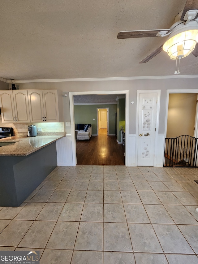 kitchen with light wood-type flooring, ceiling fan, and ornamental molding