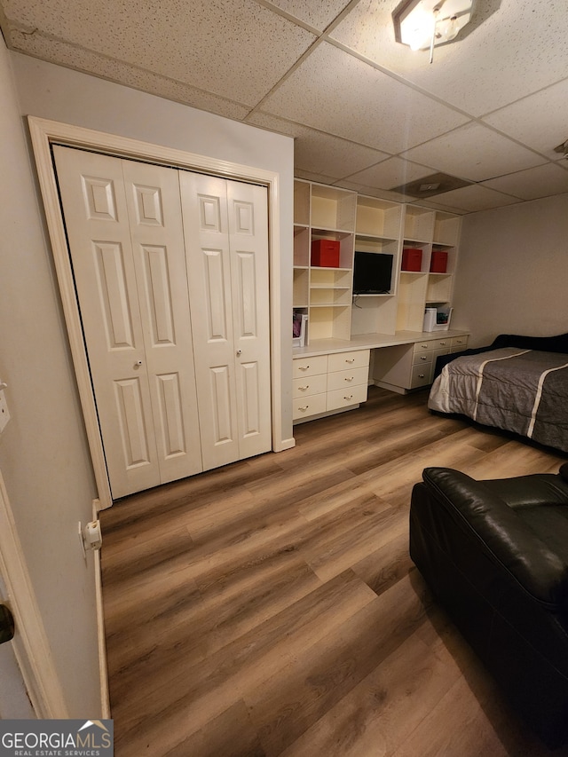 bedroom featuring wood-type flooring, built in desk, a closet, and a paneled ceiling